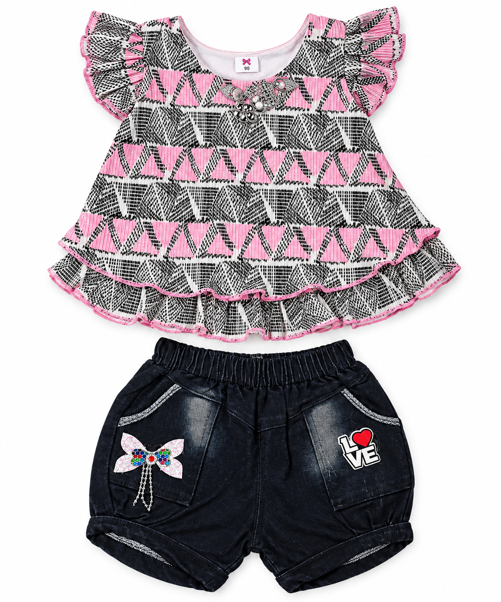 Girls Pink Geometric Ruffle Top and Denim Shorts Co-ord Set