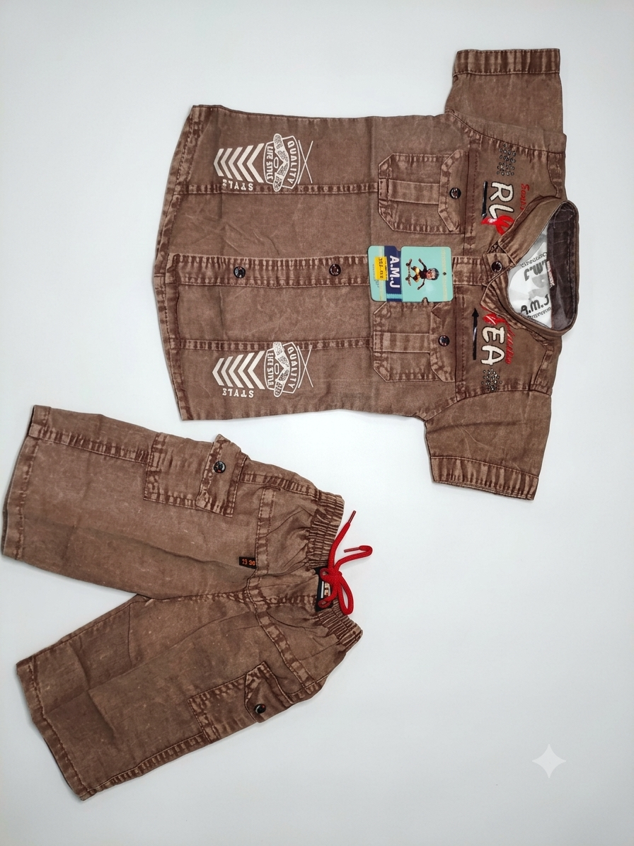 Boys Brown Washed Cargo Shirt and Shorts Set