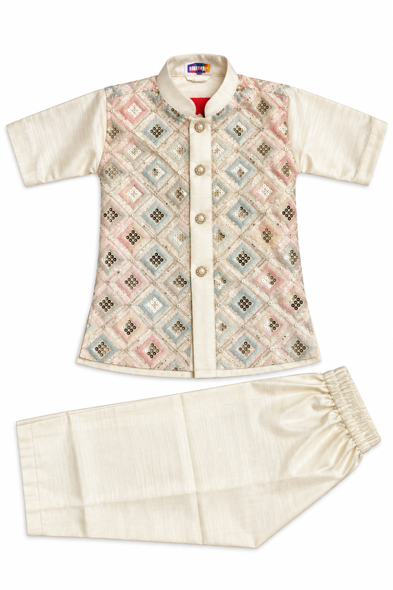 Boys Beige Silk Blend Kurta with Nehru Jacket Set