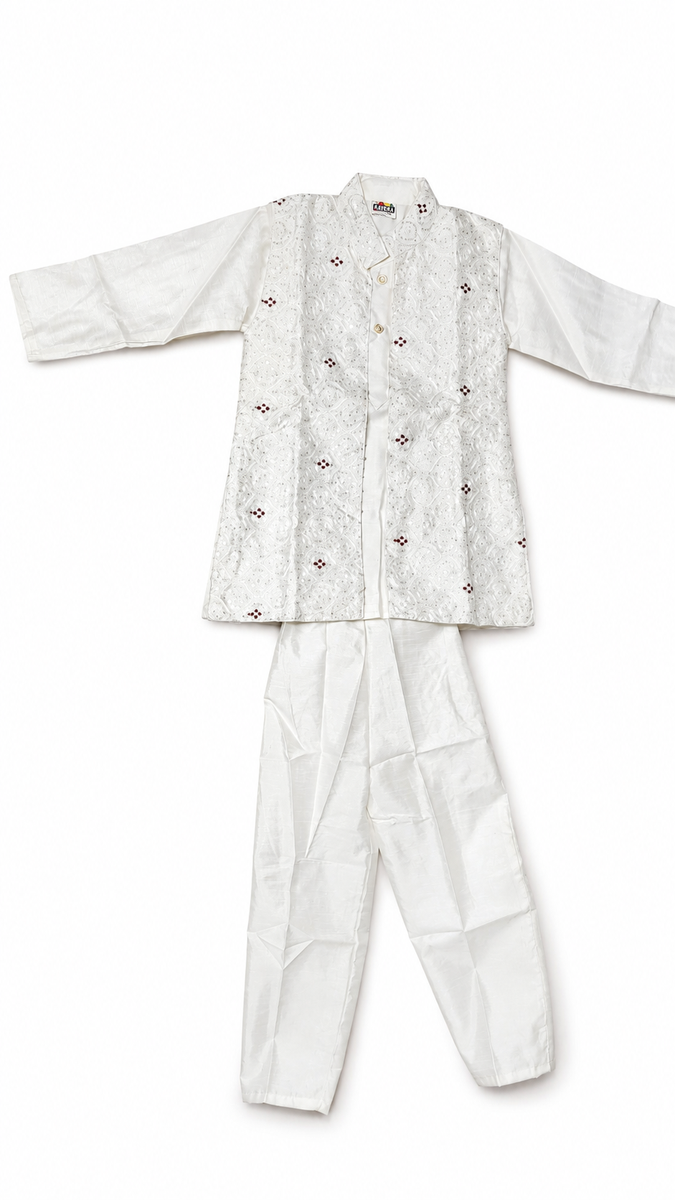 Boys Off-White Nehru Jacket Kurta Pajama Set