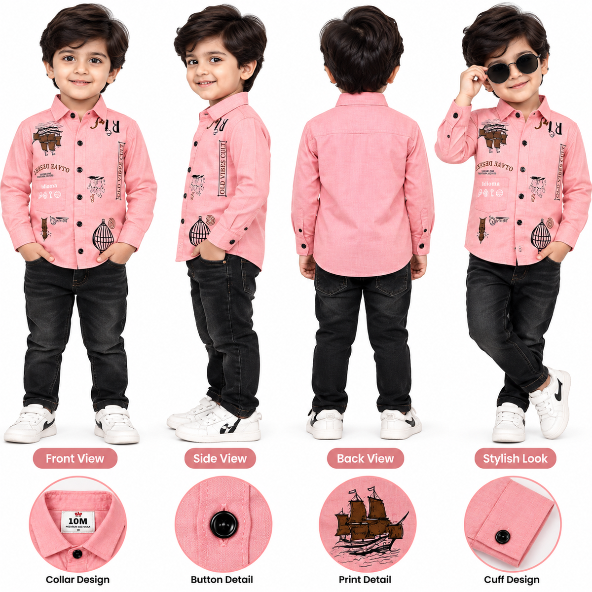 Boys Salmon Pink Graphic Print Full Sleeve Casual Shirt