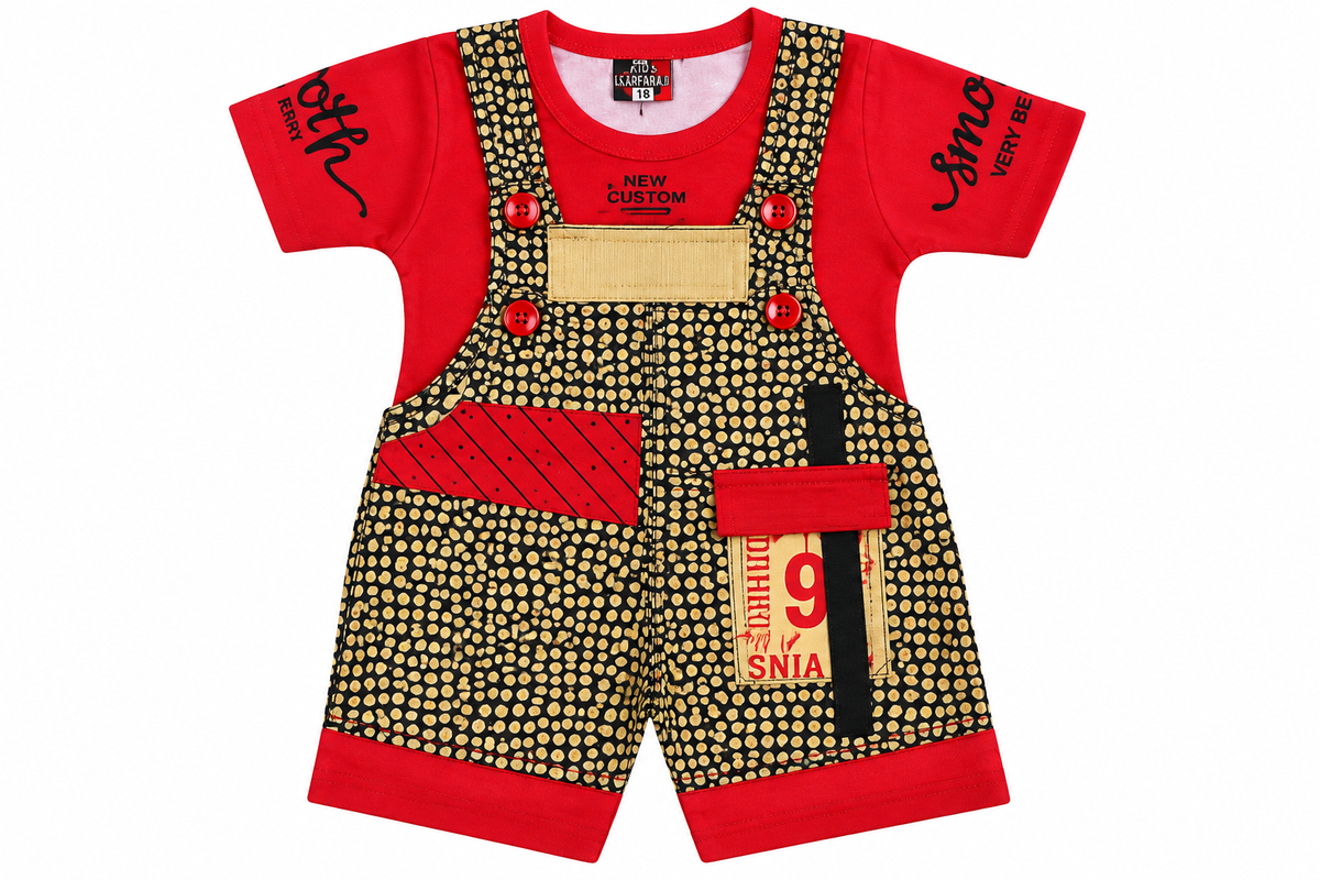 Boys Red Printed T-Shirt with Dungaree Shorts Set