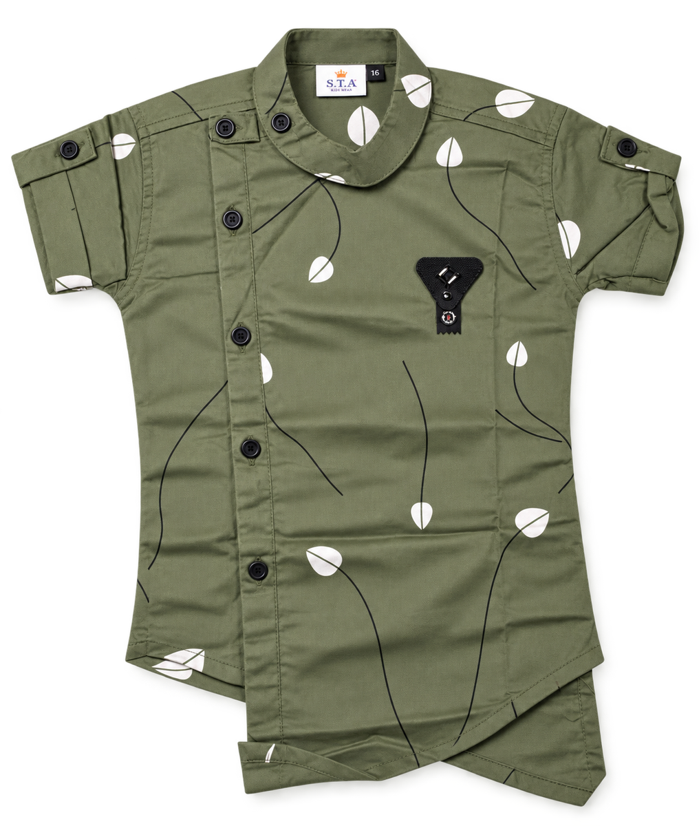 Olive Green Asymmetric Printed Cotton Shirt for Boys