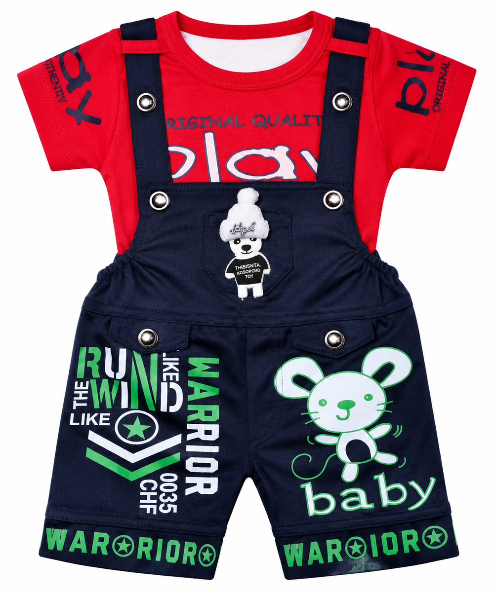 Boys Red and Navy Blue Printed Dungaree Set