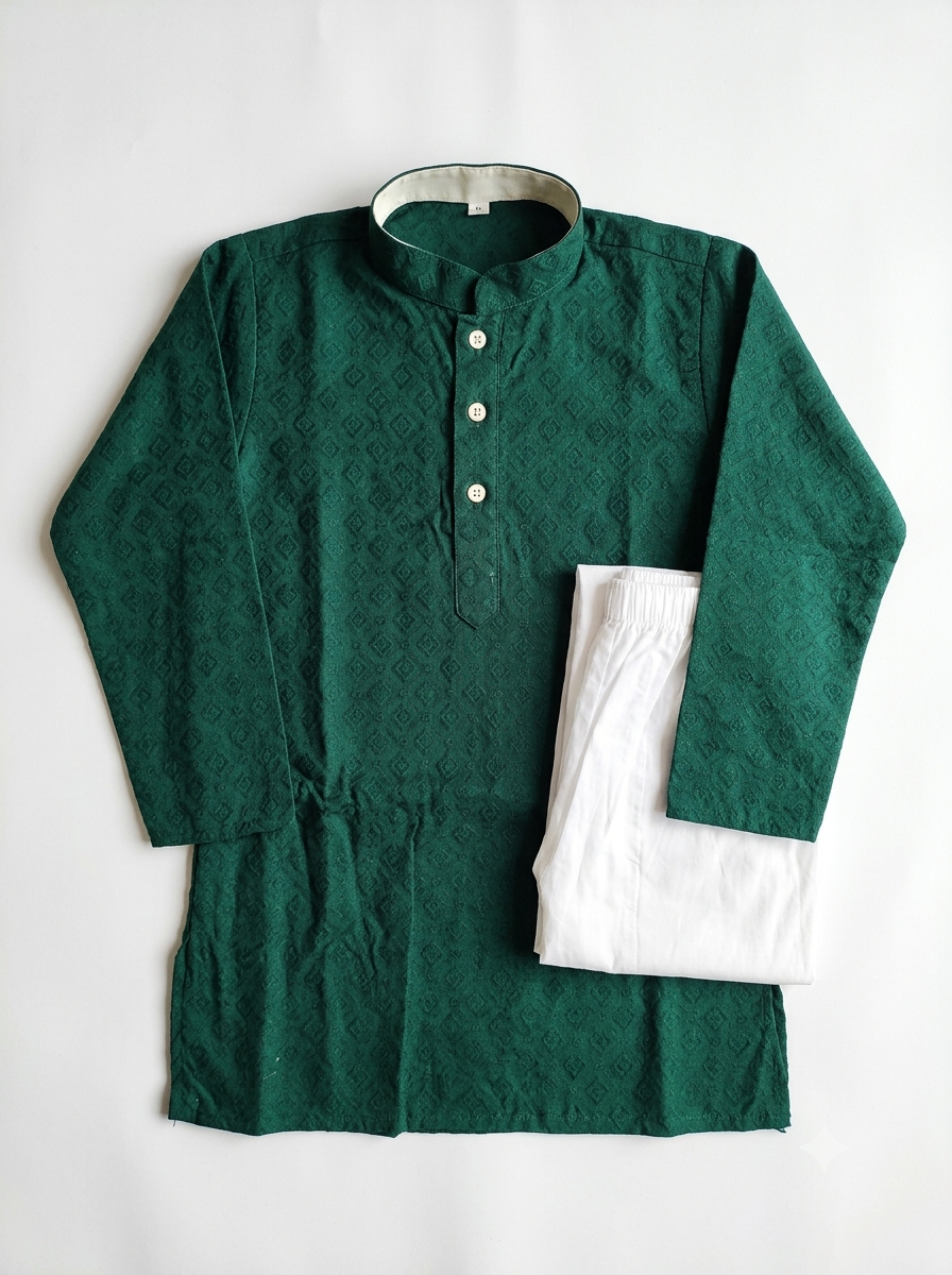 Emerald Green Chikankari Kurta with White Pyjama Set