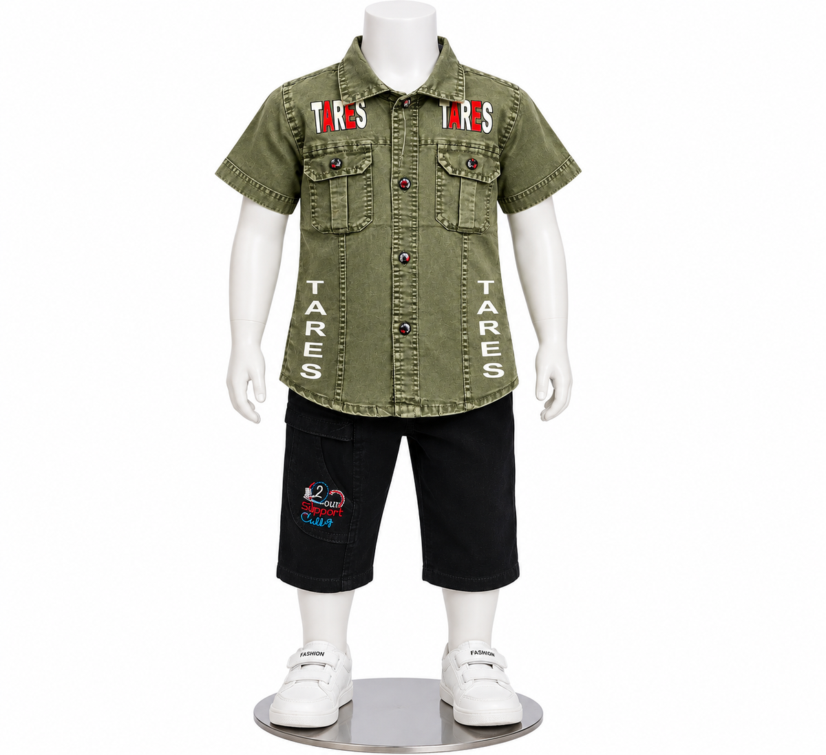 Boys Olive Green Printed Shirt and Black Shorts Set