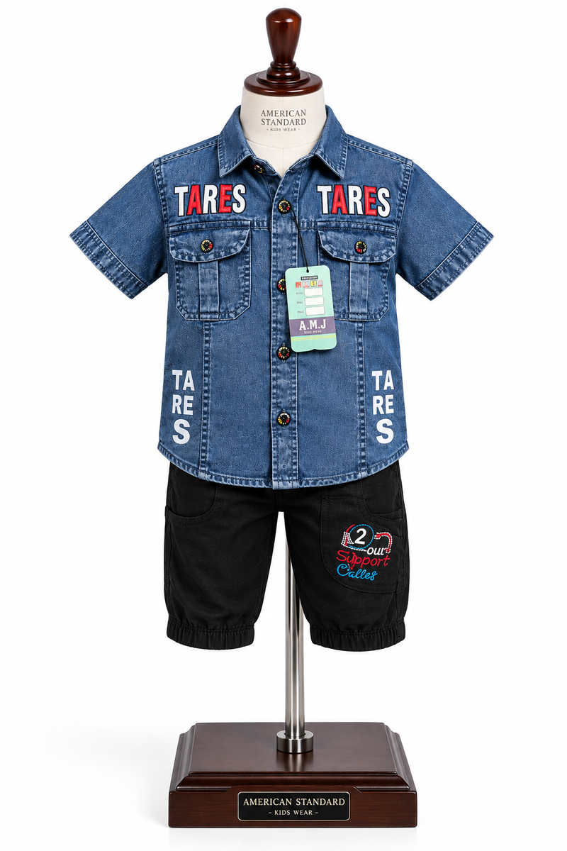 Boys Blue Printed Denim Shirt and Black Shorts Set