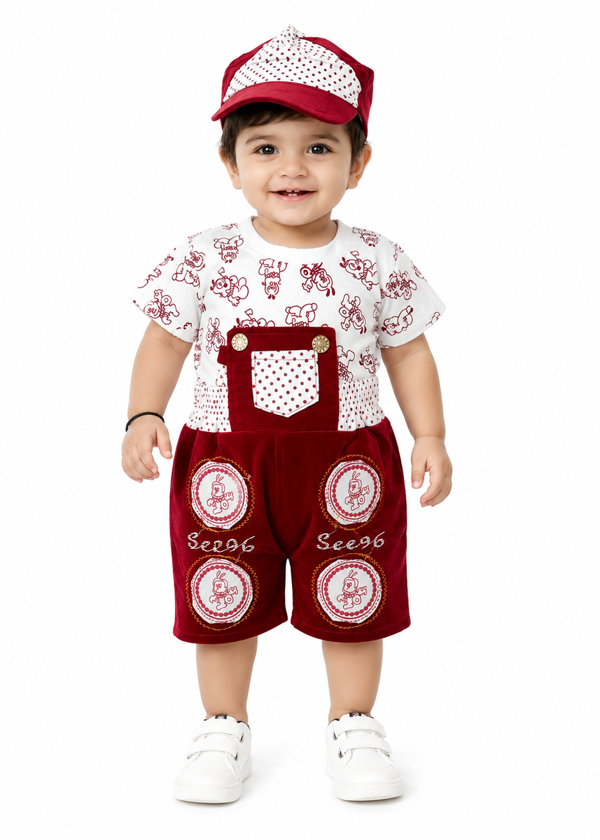 Boys Maroon Velvet Dungaree Shorts Set with Cap