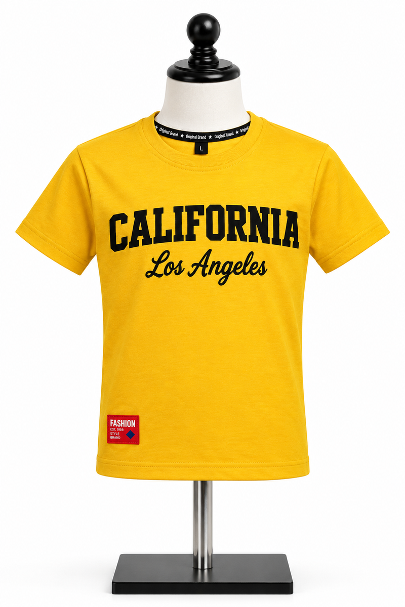 Boys Mustard Yellow California Graphic Print Cotton T-Shirt — lifestyle