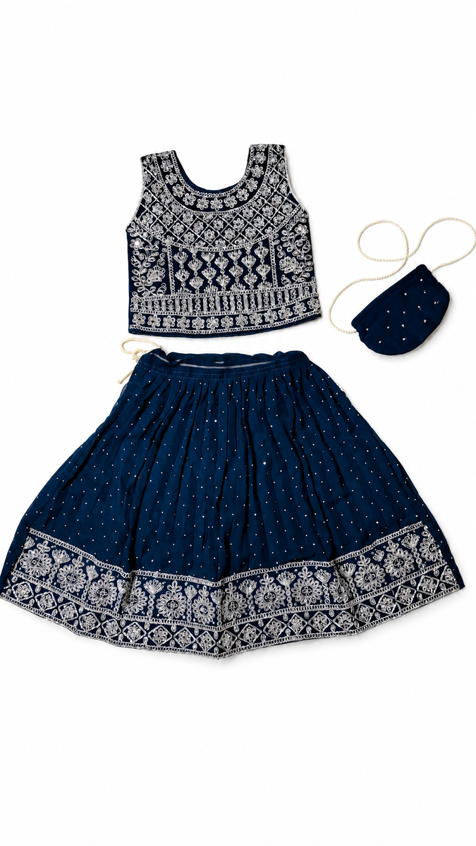 Navy Blue Embroidered Lehenga Choli with Matching Potli Bag — lifestyle