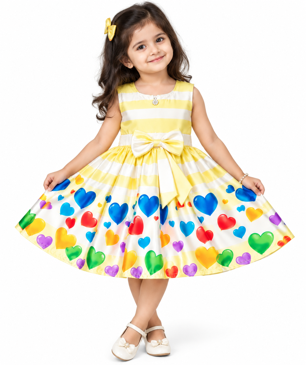 Yellow Striped Frock with Colorful Hearts Print
