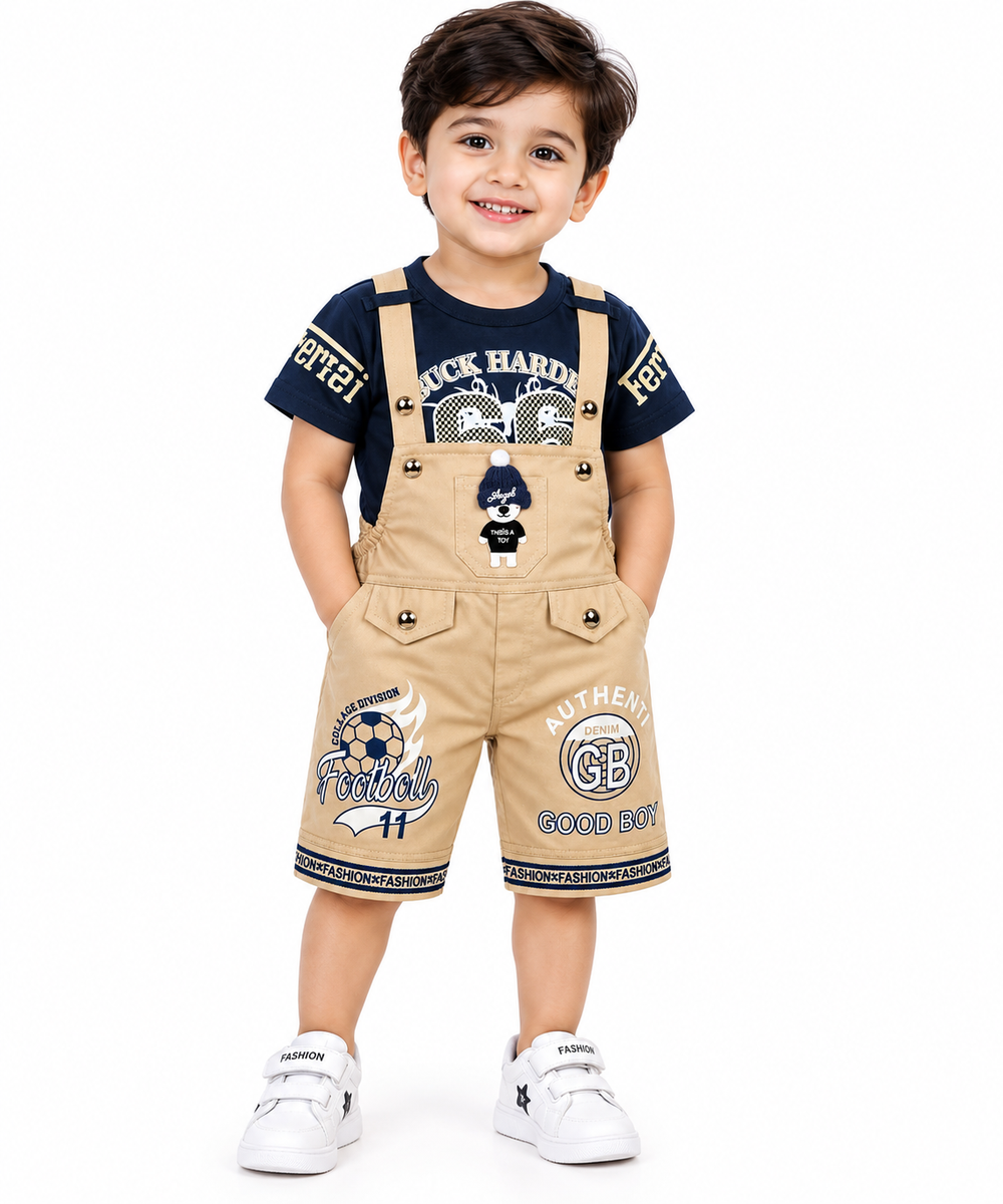 Boys Navy Blue T-Shirt with Beige Dungaree Shorts Set