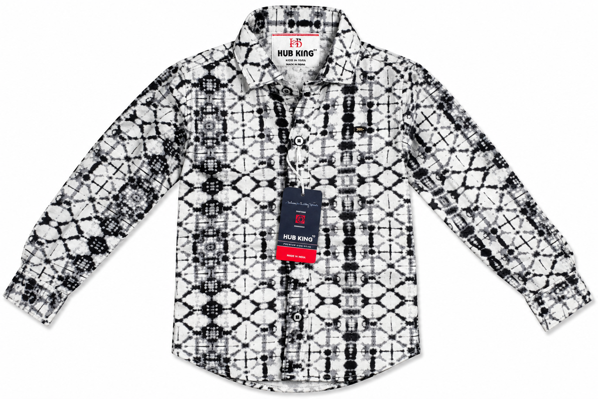 Hub King Boys Black and White Printed Casual Shirt