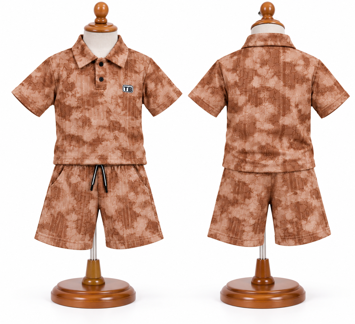 Boys Brown Abstract Printed Polo T-Shirt and Shorts Co-ord Set — lifestyle