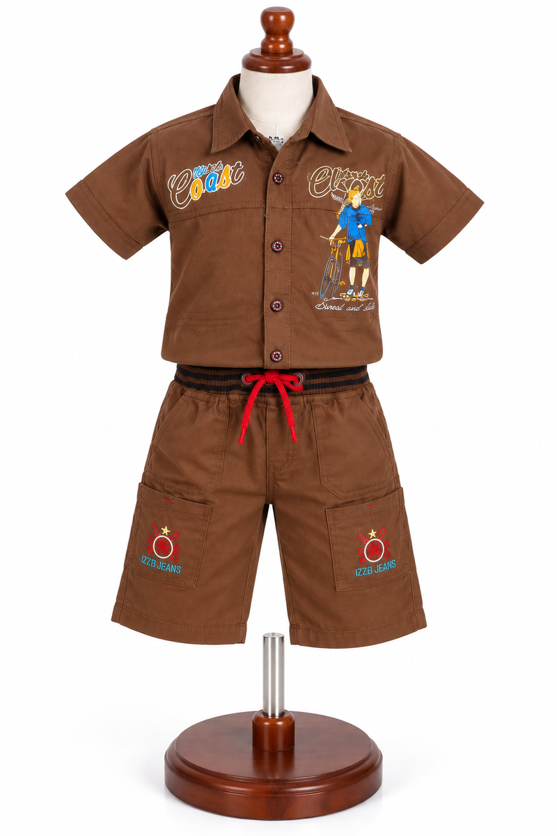 Boys Brown Graphic Shirt and Cargo Shorts Co-ord Set
