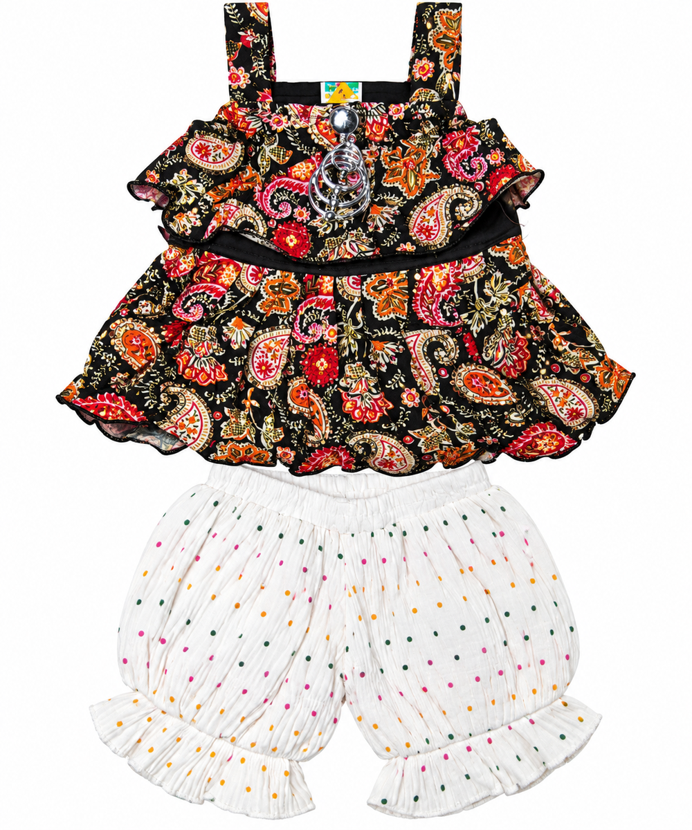 Girls Ethnic Print Peplum Top with Ruffled Bloomers Co-ord Set