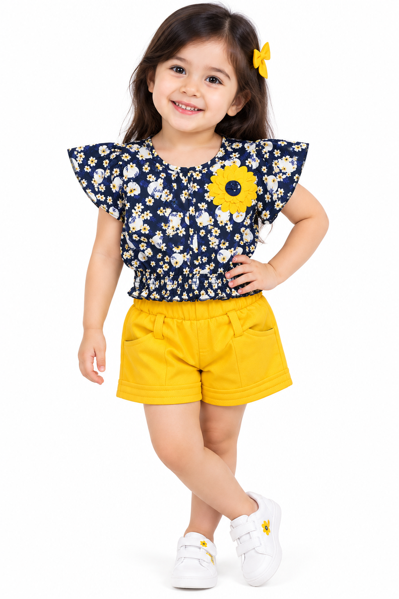 Floral Print Top with Yellow Shorts Co-ord Set