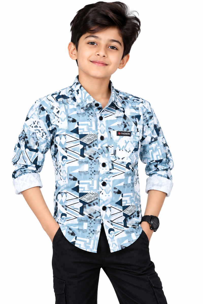 Boys Light Blue Abstract Geometric Printed Casual Shirt
