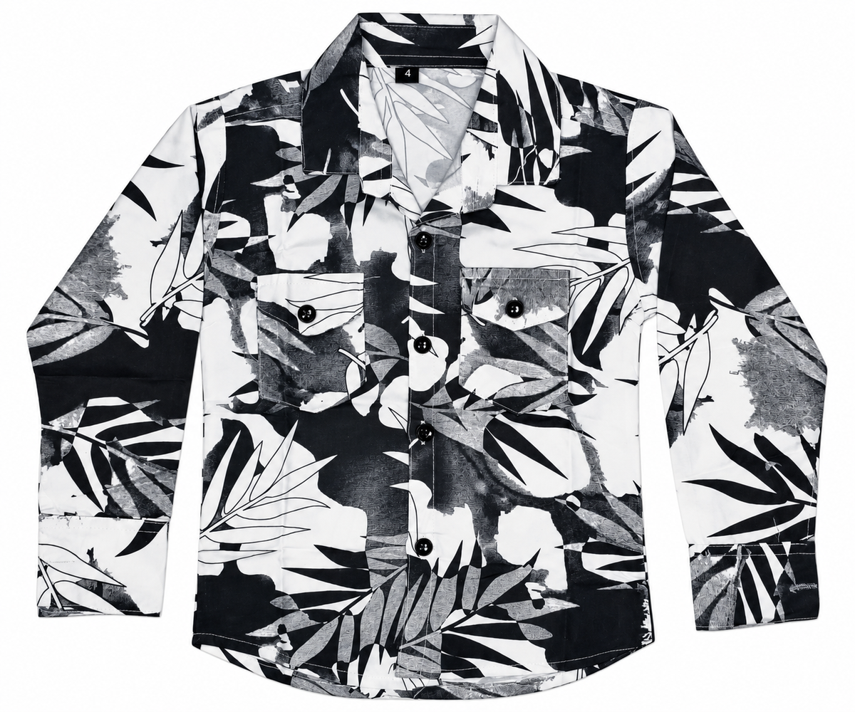 Boys Black & White Foliage Print Casual Shirt