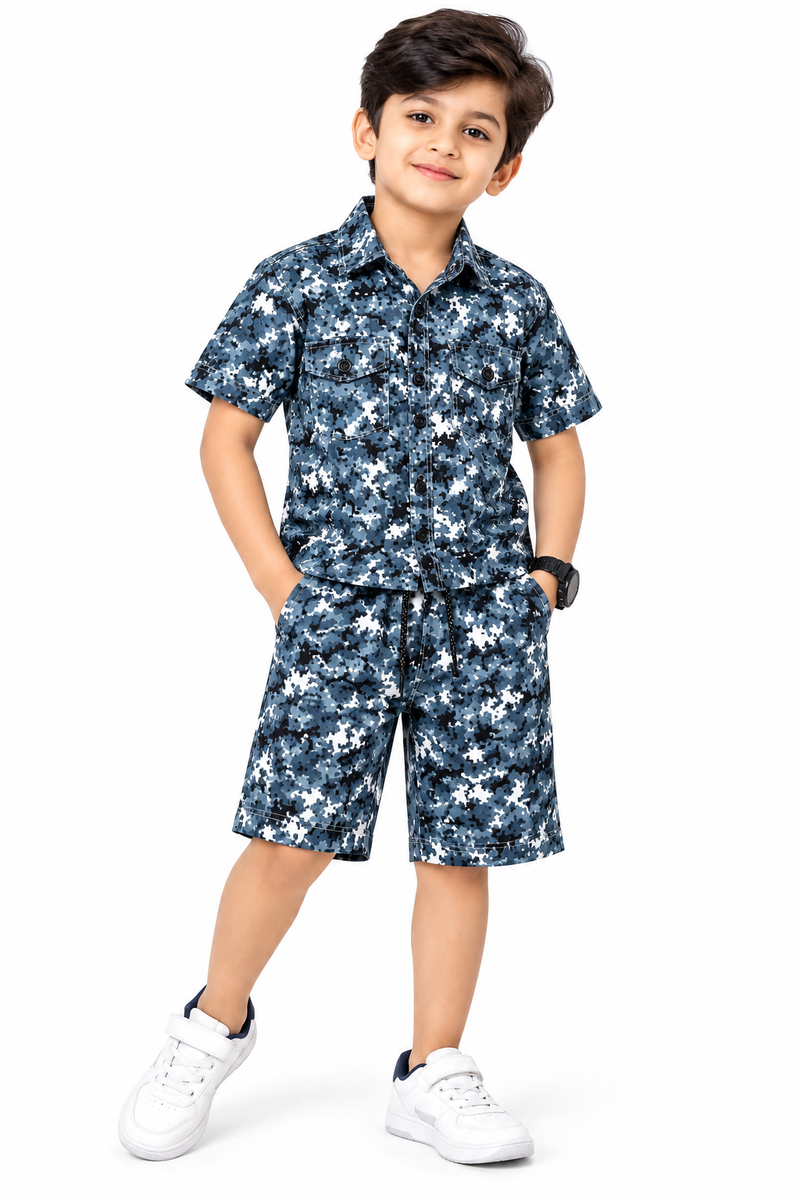 Boys Blue Camouflage Print Shirt and Shorts Set
