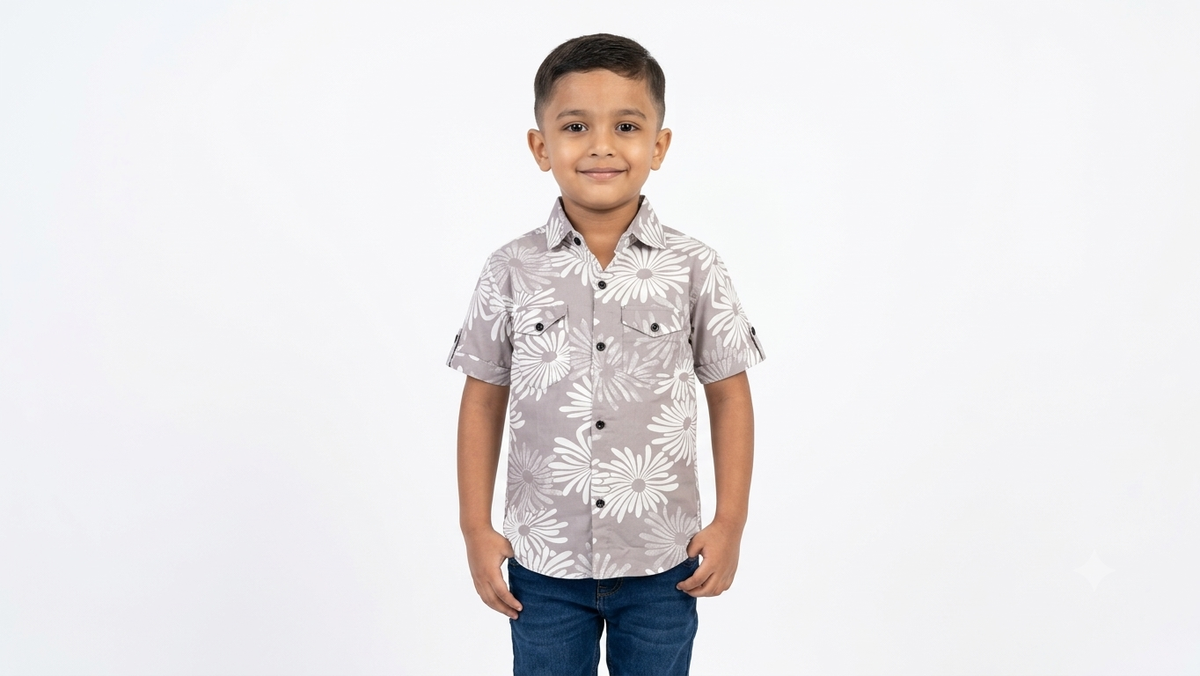 Grey Floral Printed Casual Shirt for Boys