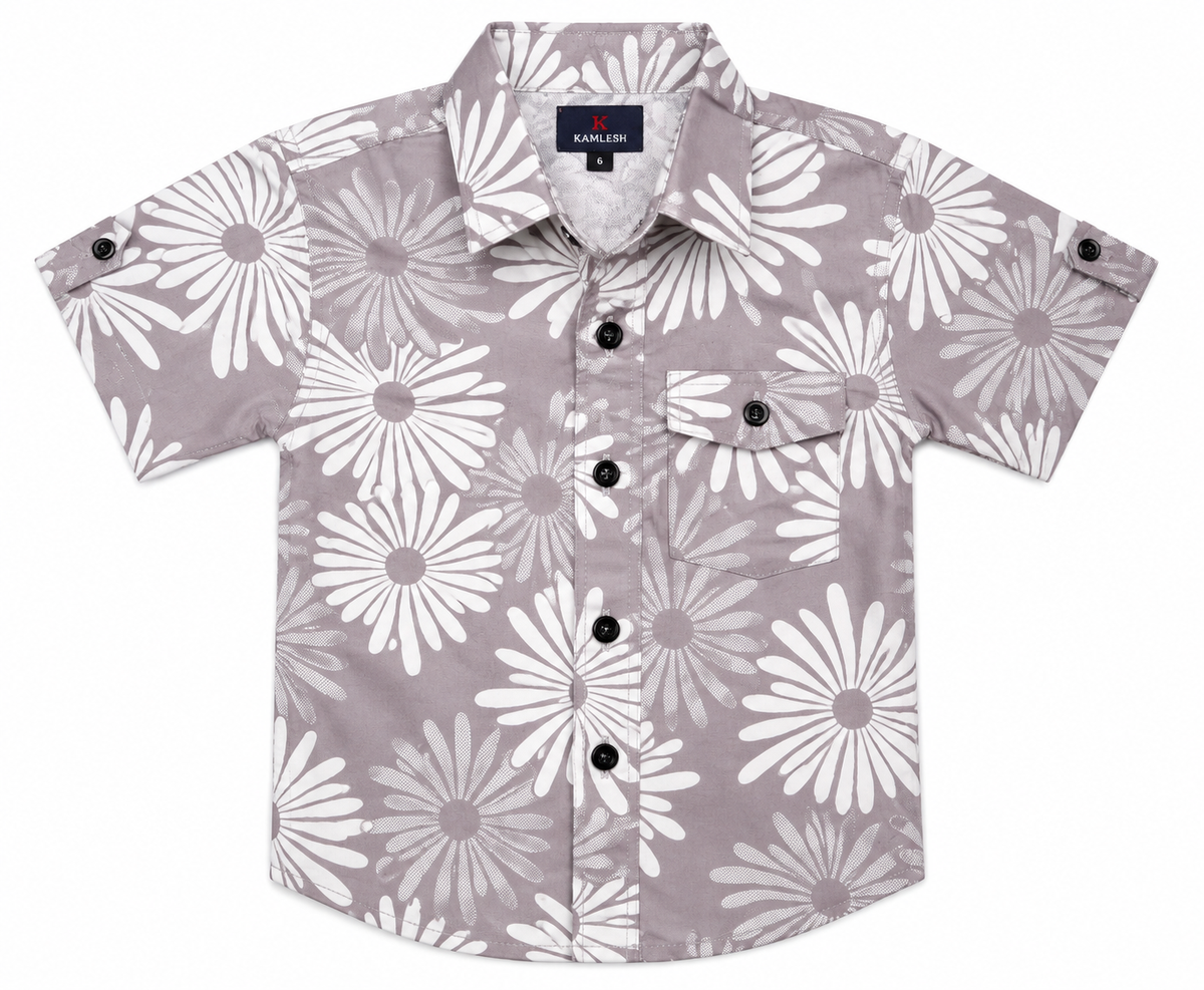 Grey Floral Printed Casual Shirt for Boys