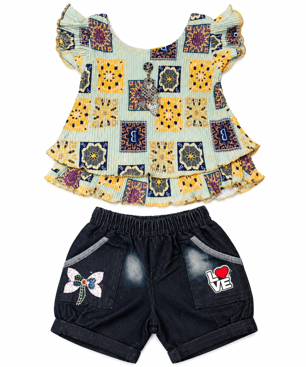 Girls Multi-Print Pleated Top with Denim Shorts Set