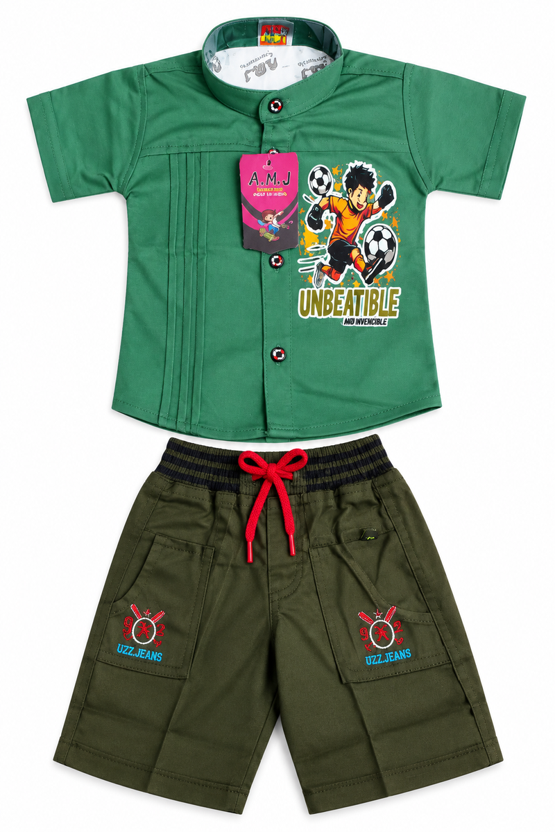 Boys Green Mandarin Collar Shirt & Shorts Co-ord Set — lifestyle