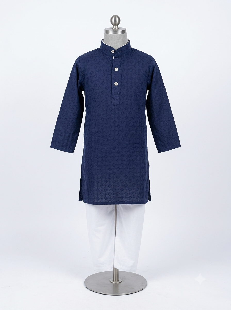 Boys Navy Blue Embroidered Kurta Pajama Set