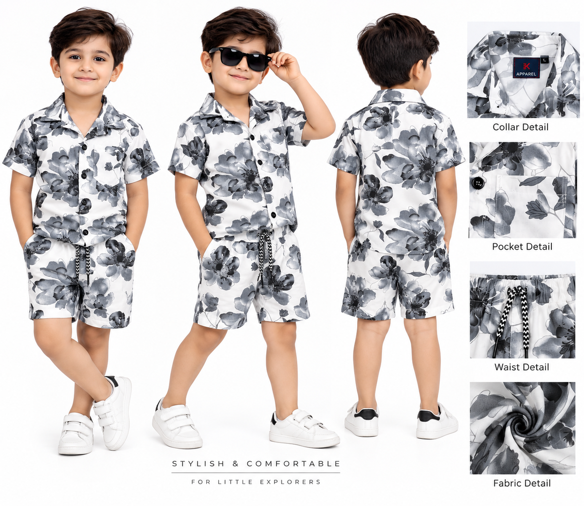 Boys Black and White Floral Print Shirt and Shorts Co-ord Set