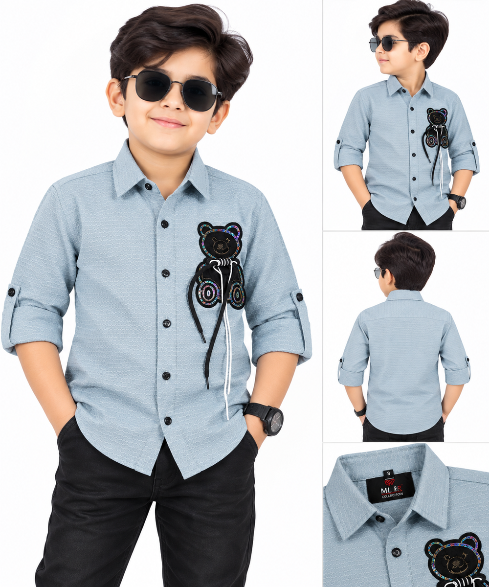 Boys Light Blue Casual Shirt with Teddy Applique