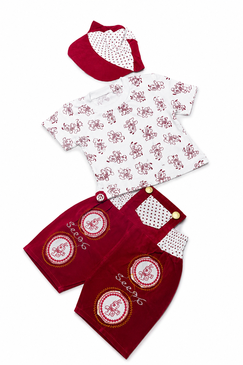 Boys Maroon Velvet Dungaree Shorts Set with Cap