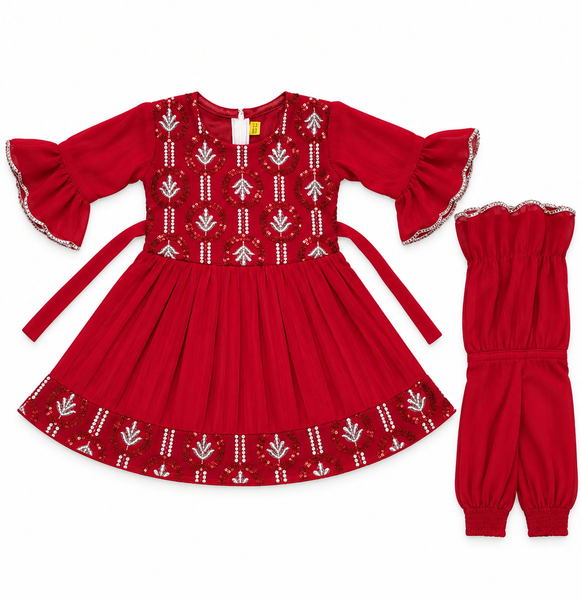 Festive Red Sequins Kurta with Sharara Set for Girls