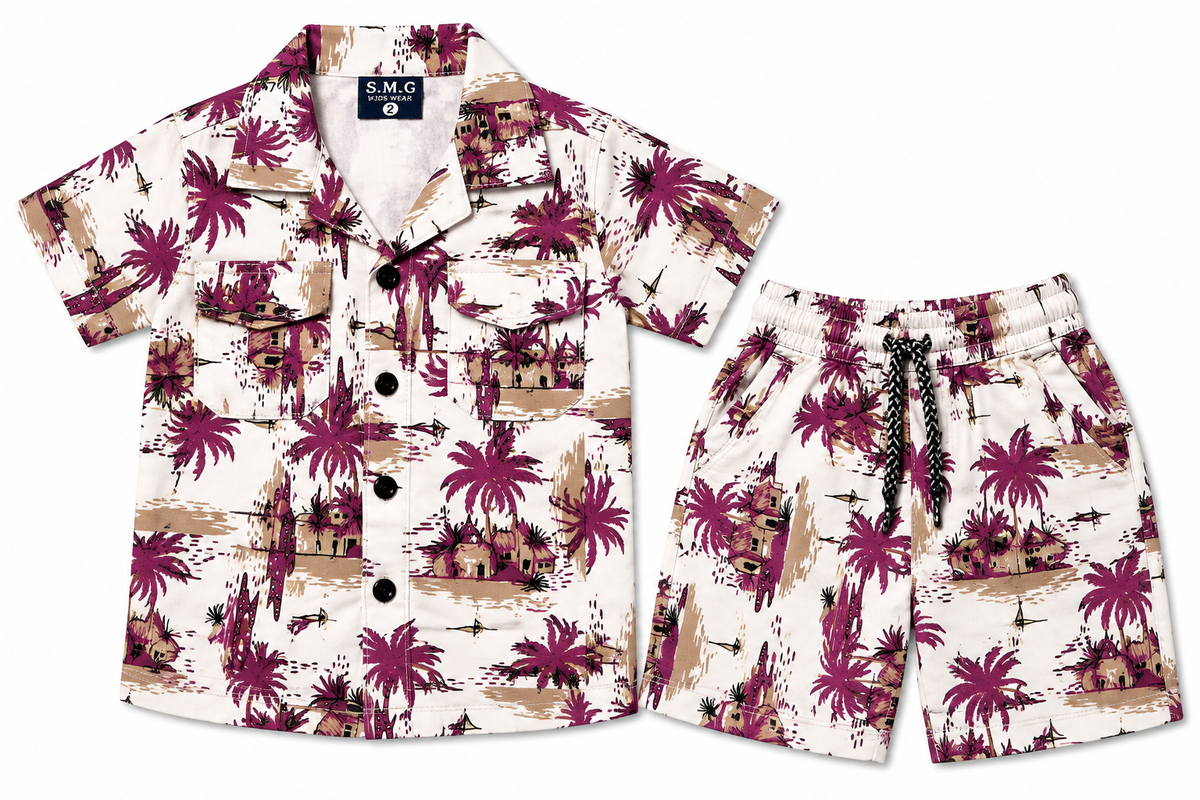 Boys Tropical Palm Print Resort Shirt and Shorts Set