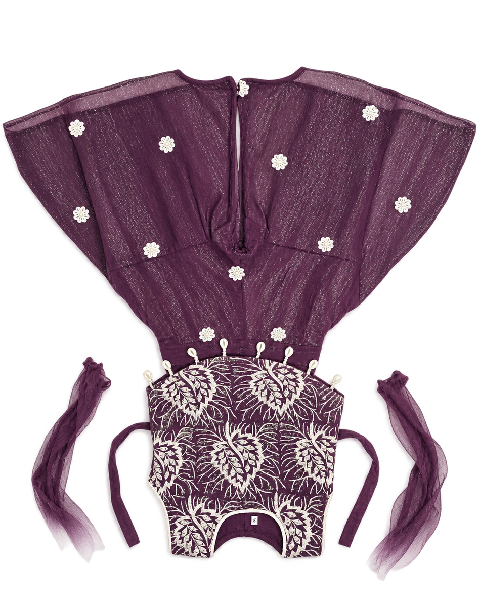 Purple Floral Embroidered Party Frock with Tie-Up Straps