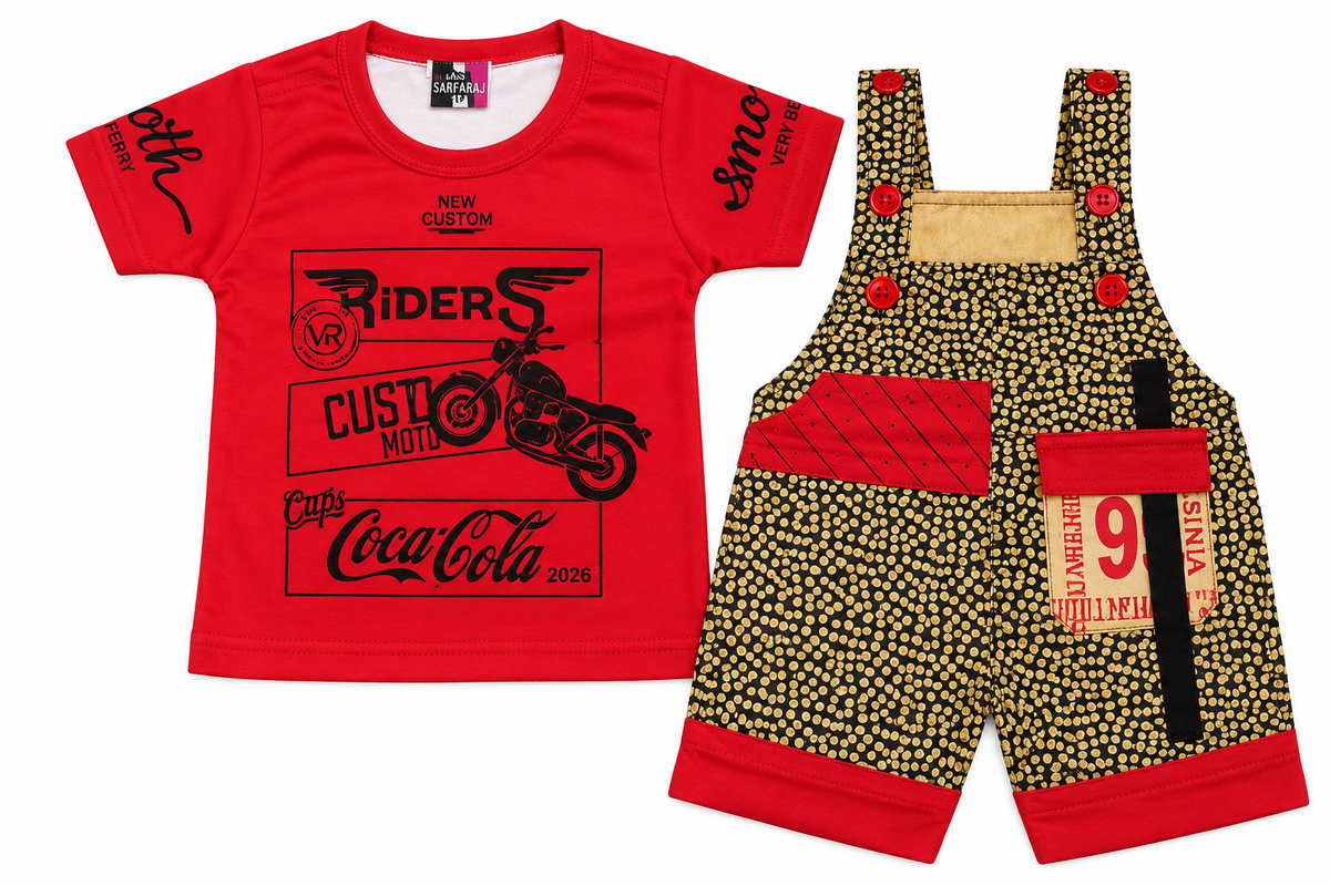 Boys Red Printed T-Shirt with Dungaree Shorts Set