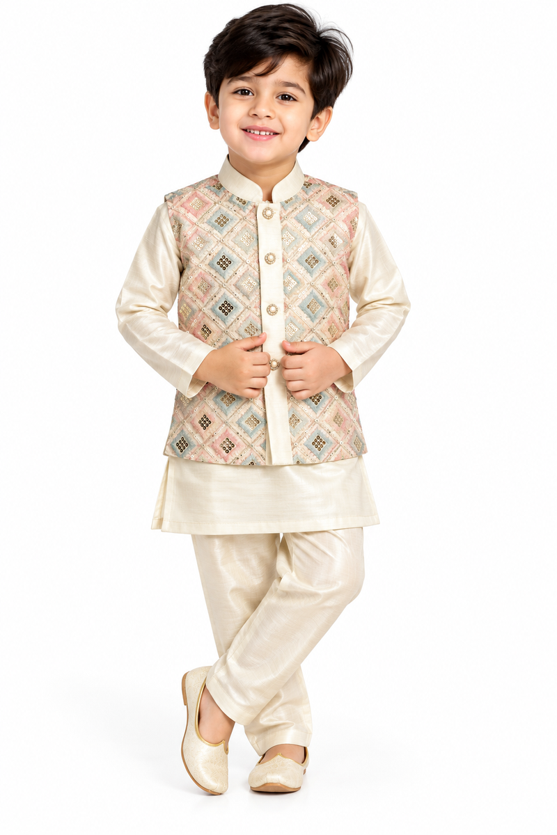Boys Cream Kurta Pajama with Embroidered Nehru Jacket Set