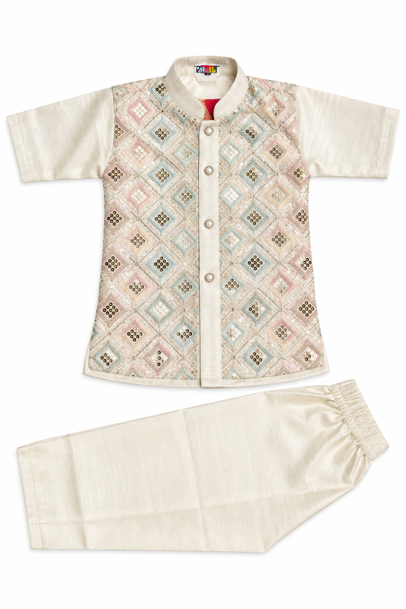 Boys Cream Kurta with Embroidered Nehru Jacket Set