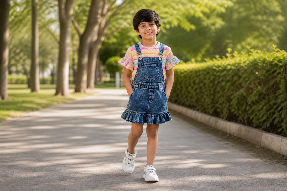 Girls Blue Denim Dungaree Dress with Striped Shirt — lifestyle