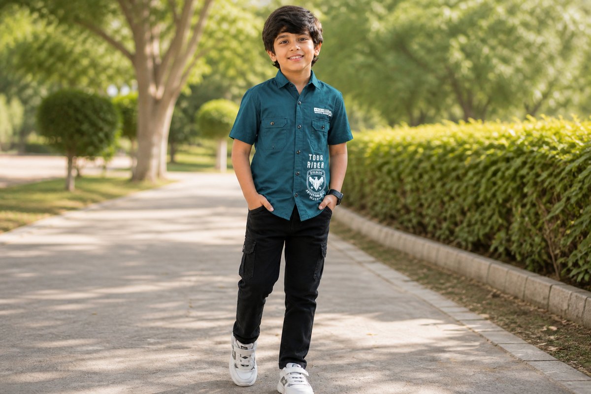 Boys Dark Teal Printed Casual Shirt with Cargo Pants — lifestyle