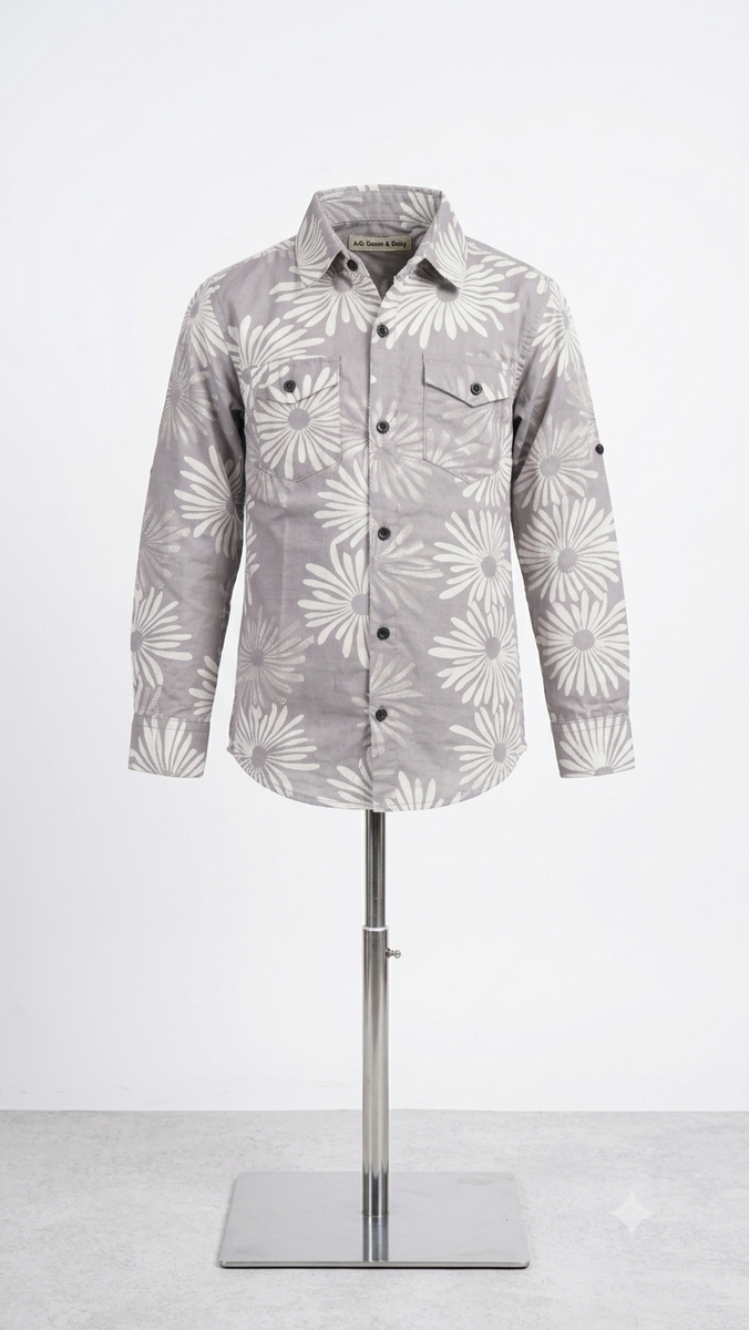 Grey Floral Printed Casual Shirt for Boys