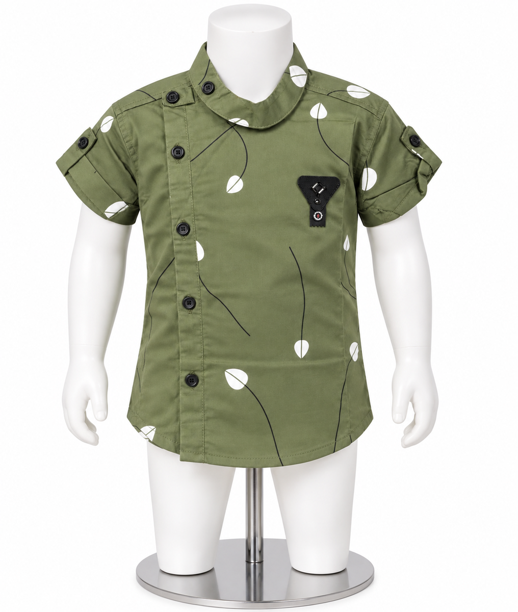Olive Green Asymmetric Printed Cotton Shirt for Boys