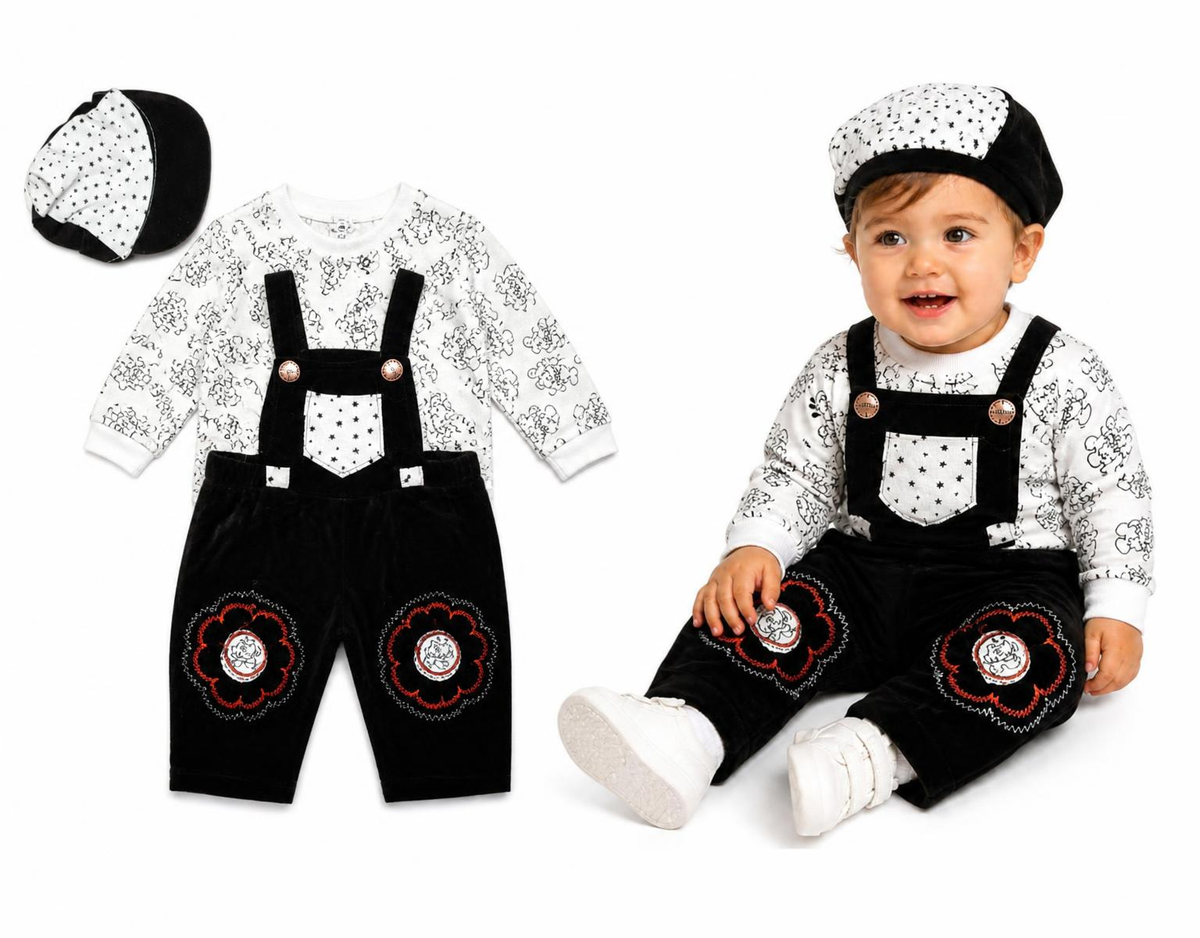 Infant Black Dungaree and T-Shirt Set with Matching Cap