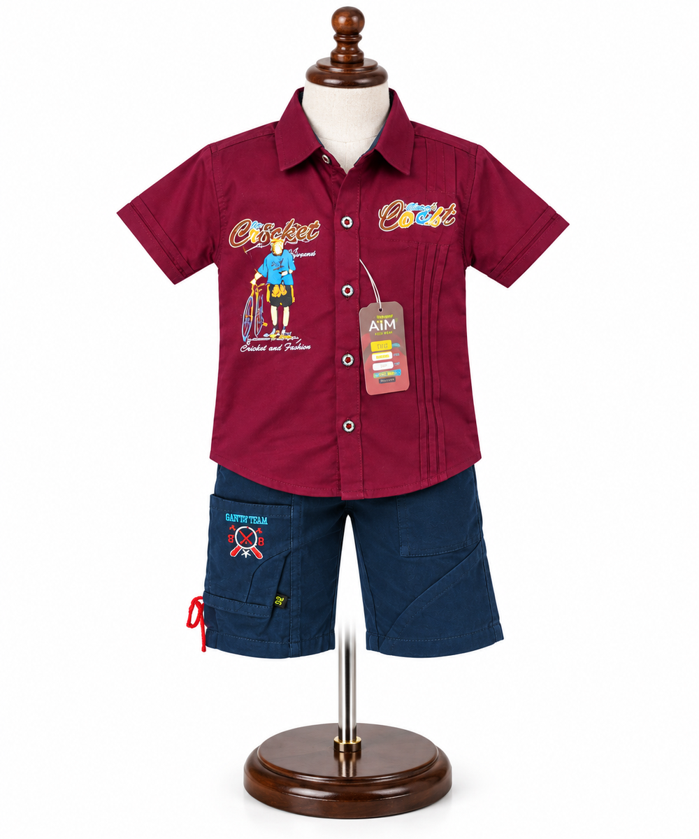 Maroon Printed Shirt with Blue Shorts Co-ord Set