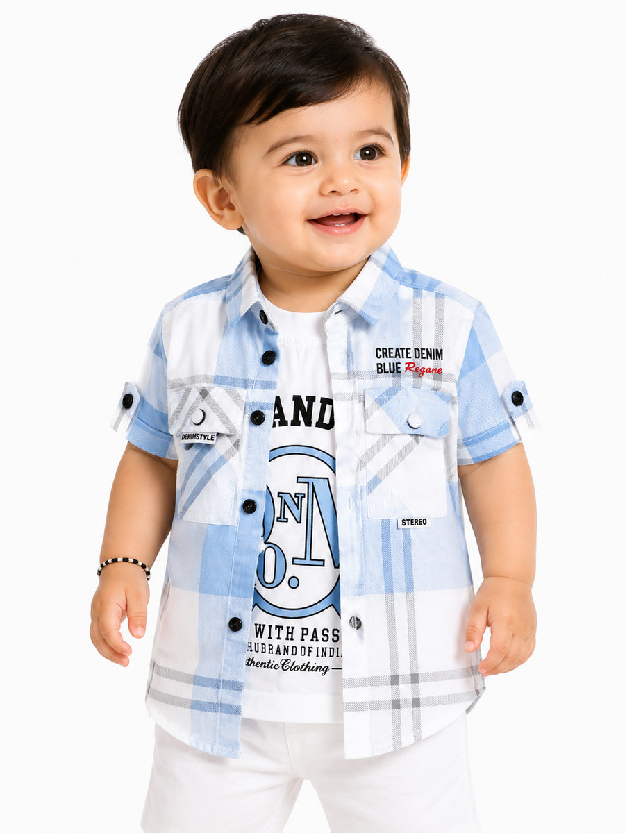 Boys Blue & White Plaid Shirt with Inner T-Shirt