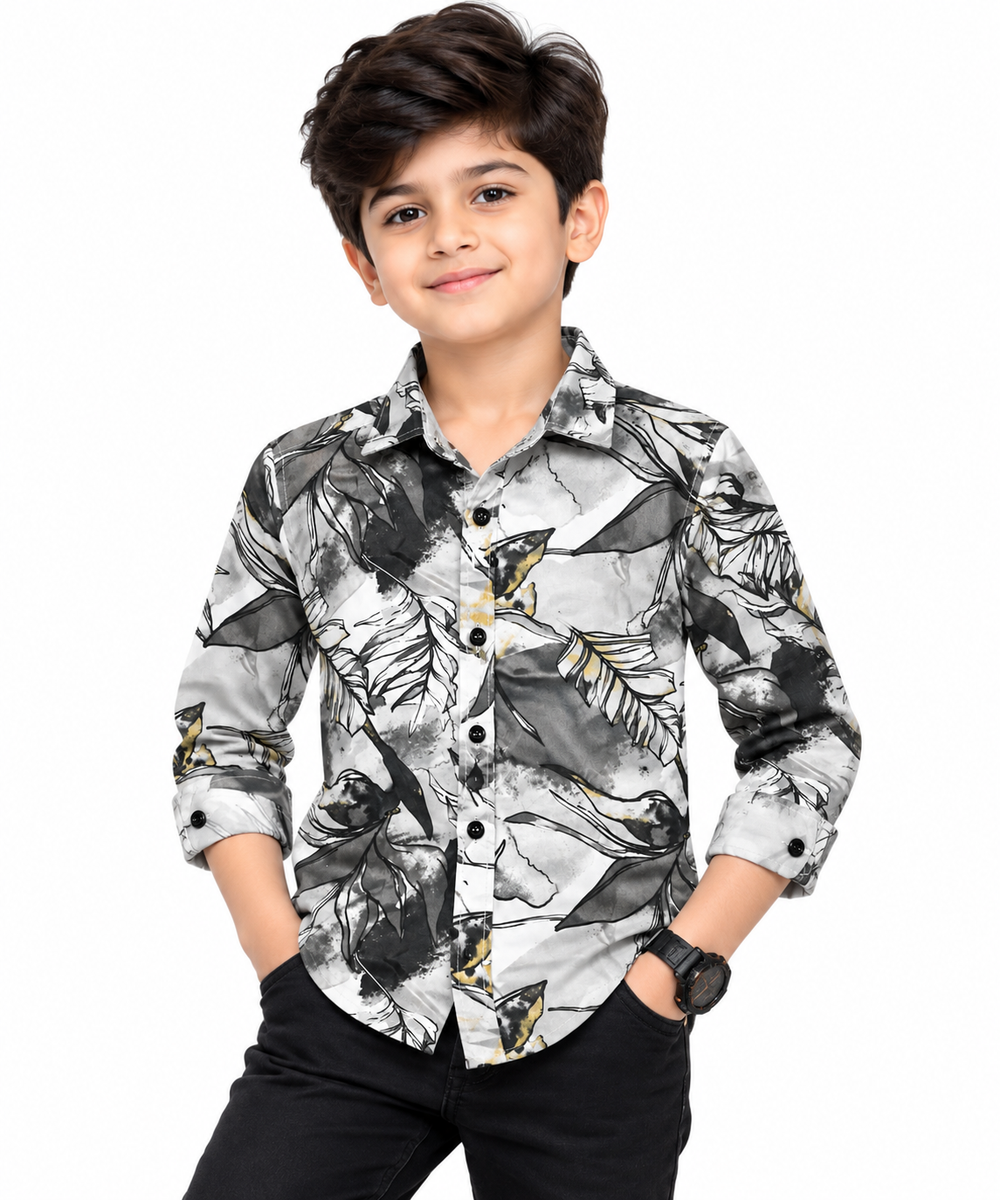 Boys Black and White Leaf Printed Casual Shirt