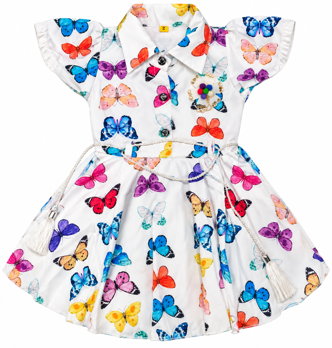 White Butterfly Print Collared Frock for Girls