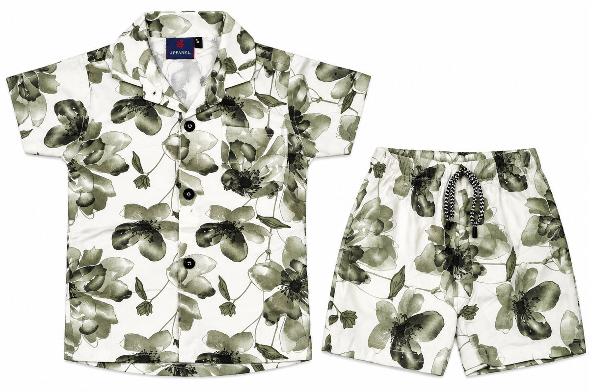 Boys Black and White Floral Print Shirt and Shorts Co-ord Set