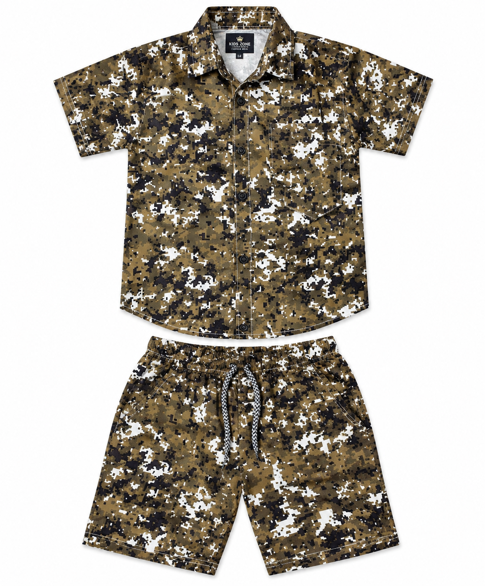 Boys Olive Green Camouflage Printed Shirt and Shorts Set