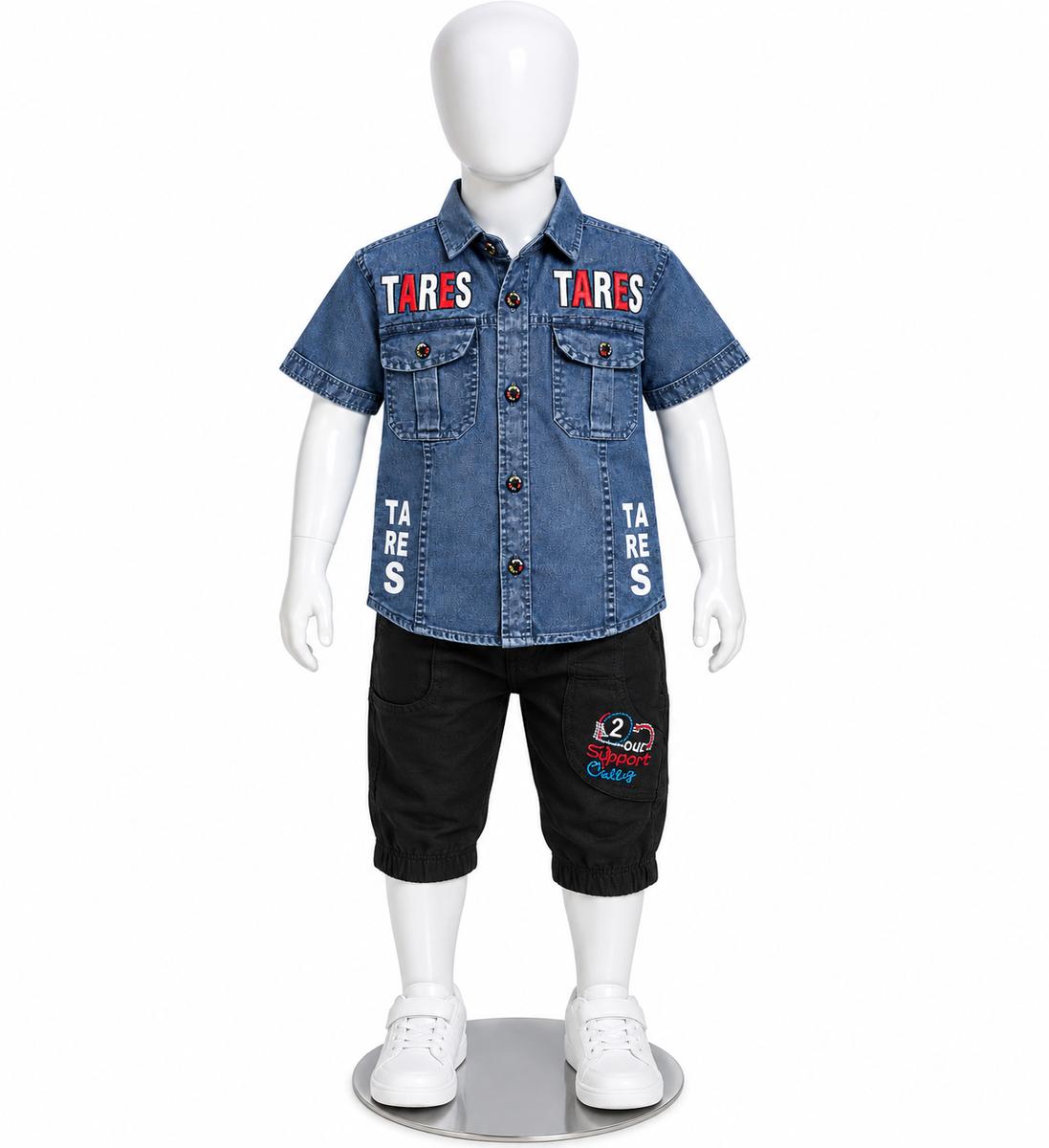 Boys Blue Printed Denim Shirt and Black Shorts Set